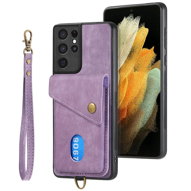 D1 For Samsung Galaxy S21 Ultra 5G Case Card Holder Retro PU+TPU Phone Cover