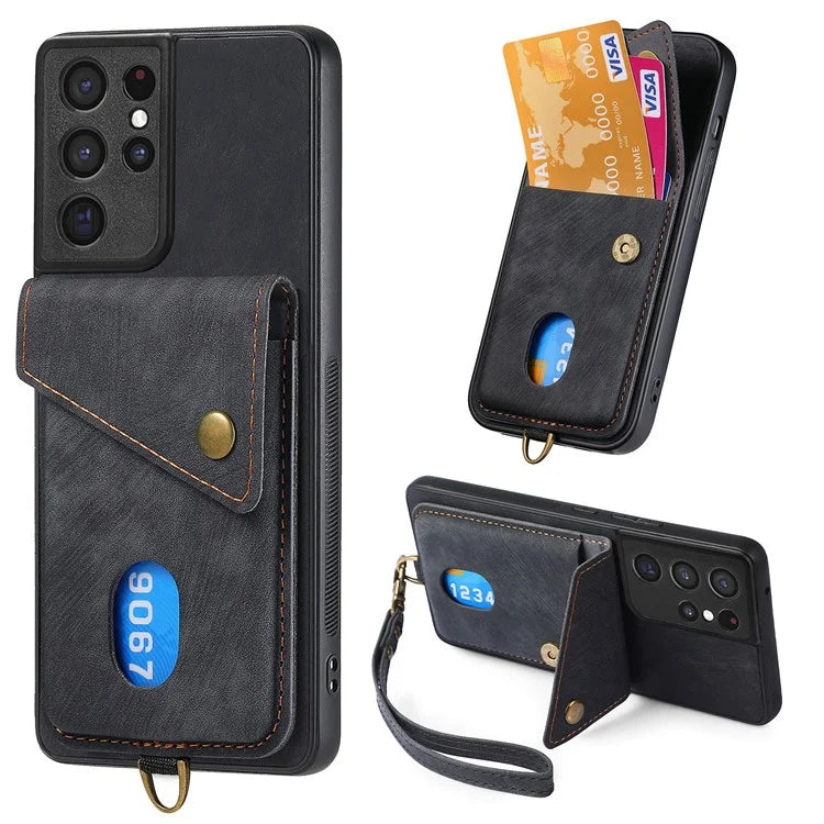D1 For Samsung Galaxy S21 Ultra 5G Case Card Holder Retro PU+TPU Phone Cover