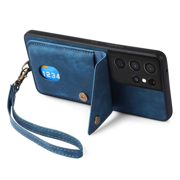 D1 For Samsung Galaxy S21 Ultra 5G Case Card Holder Retro PU+TPU Phone Cover