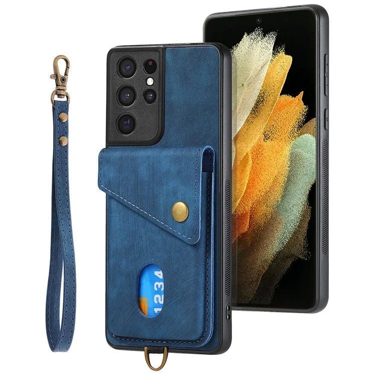 D1 For Samsung Galaxy S21 Ultra 5G Case Card Holder Retro PU+TPU Phone Cover