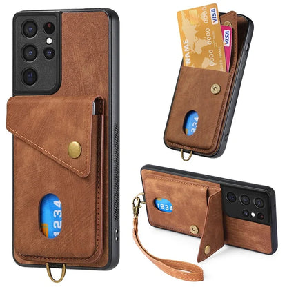 D1 For Samsung Galaxy S21 Ultra 5G Case Card Holder Retro PU+TPU Phone Cover