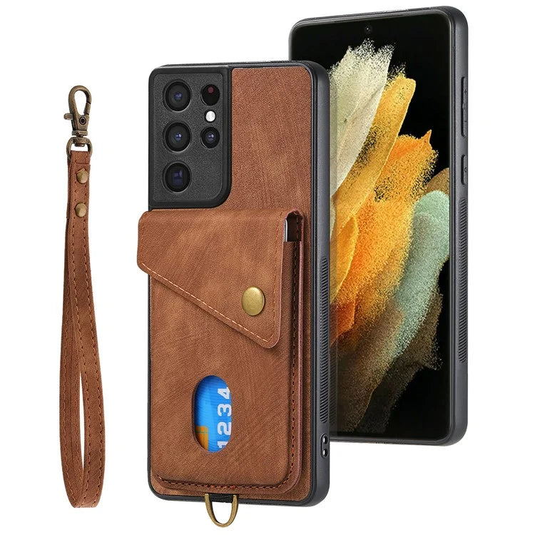 D1 For Samsung Galaxy S21 Ultra 5G Case Card Holder Retro PU+TPU Phone Cover