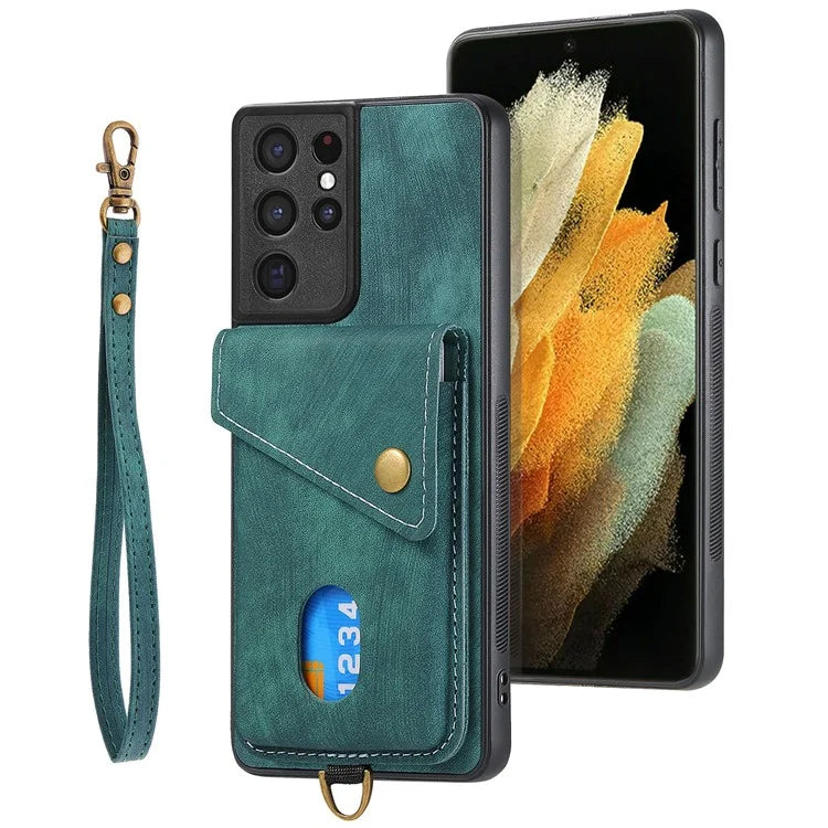 D1 For Samsung Galaxy S21 Ultra 5G Case Card Holder Retro PU+TPU Phone Cover