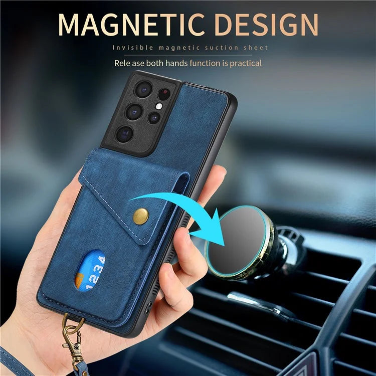 D1 For Samsung Galaxy S21 Ultra 5G Case Card Holder Retro PU+TPU Phone Cover