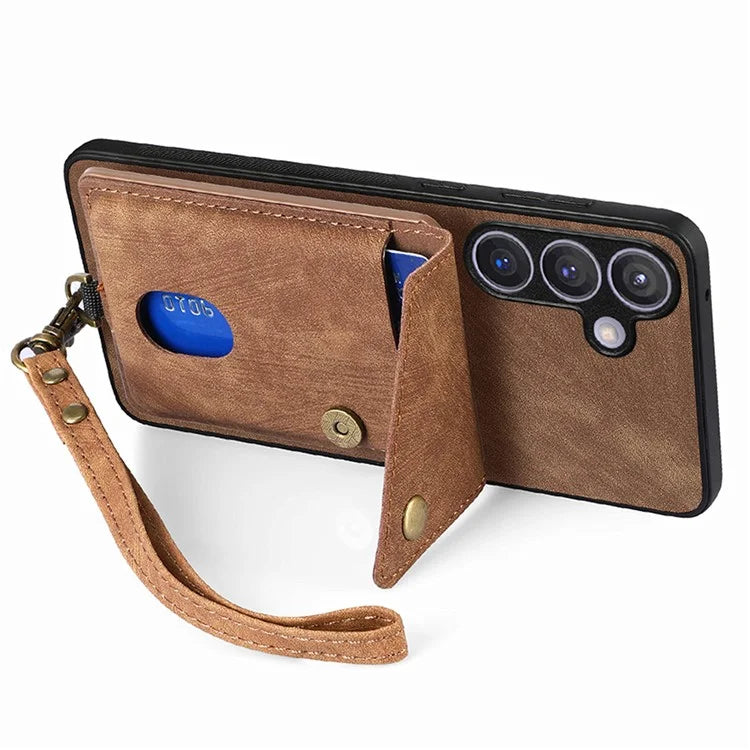 D1 For Samsung Galaxy S24 Case Card Holder Retro Leather+TPU Phone Cover with Kickstand