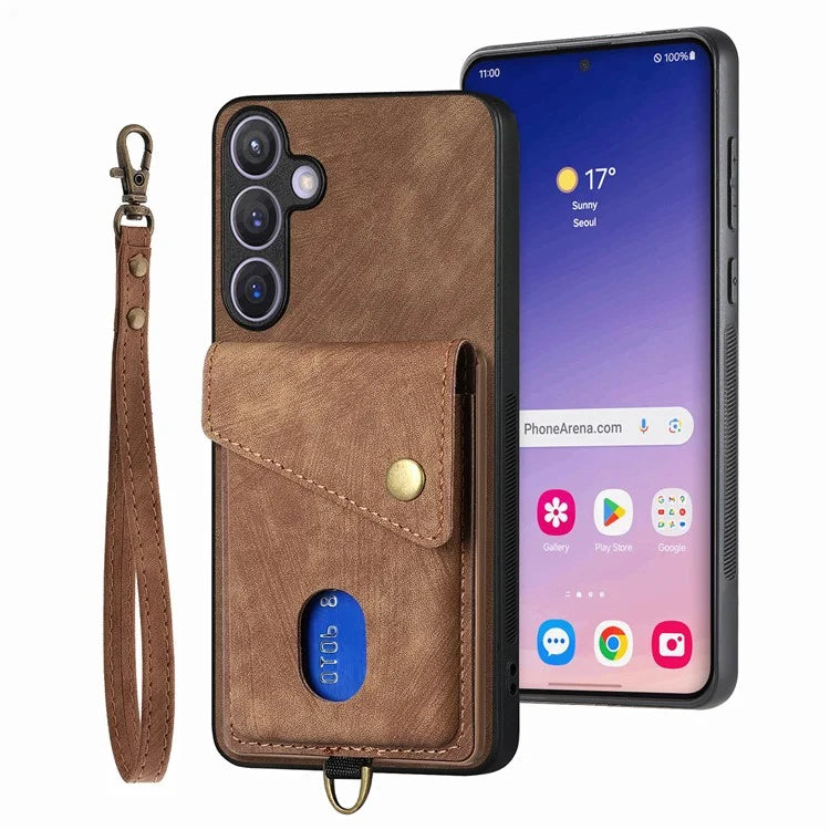 D1 For Samsung Galaxy S24 Case Card Holder Retro Leather+TPU Phone Cover with Kickstand
