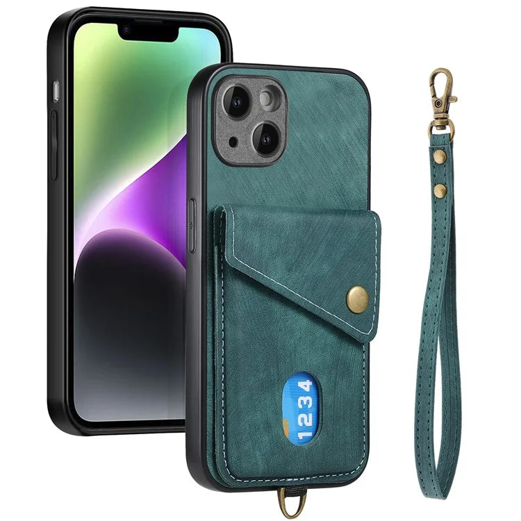 D1 For iPhone 14 Case Anti-Drop Kickstand Retro PU+TPU Phone Cover with Card Holder