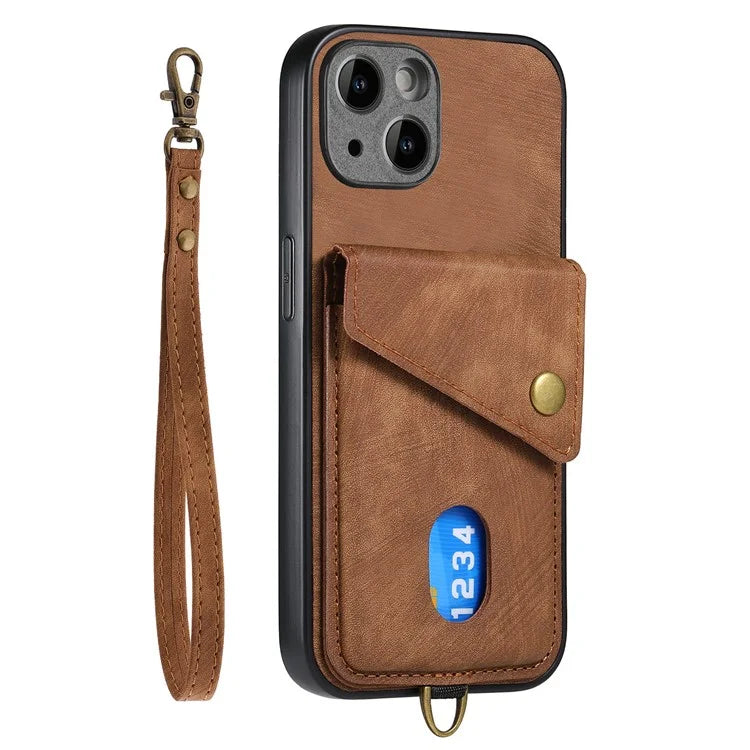 D1 For iPhone 14 Case Anti-Drop Kickstand Retro PU+TPU Phone Cover with Card Holder