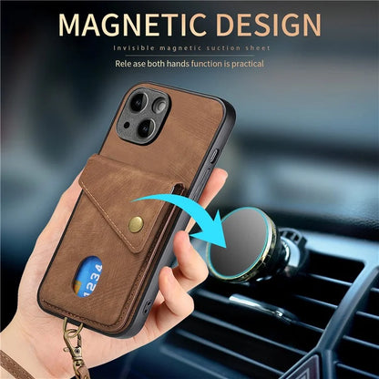 D1 For iPhone 14 Case Anti-Drop Kickstand Retro PU+TPU Phone Cover with Card Holder