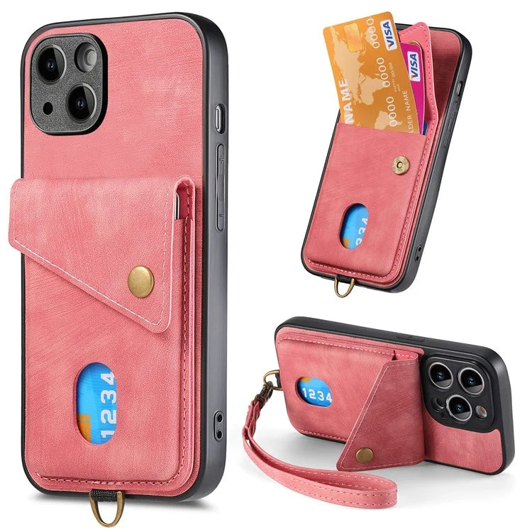 D1 For iPhone 14 Case Anti-Drop Kickstand Retro PU+TPU Phone Cover with Card Holder