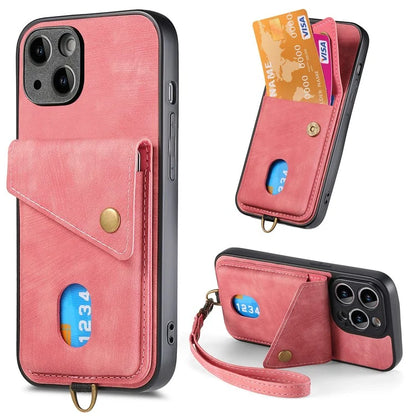 D1 For iPhone 14 Case Anti-Drop Kickstand Retro PU+TPU Phone Cover with Card Holder