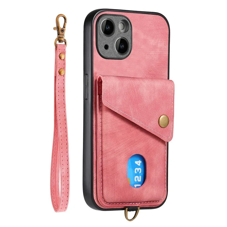 D1 For iPhone 14 Case Anti-Drop Kickstand Retro PU+TPU Phone Cover with Card Holder