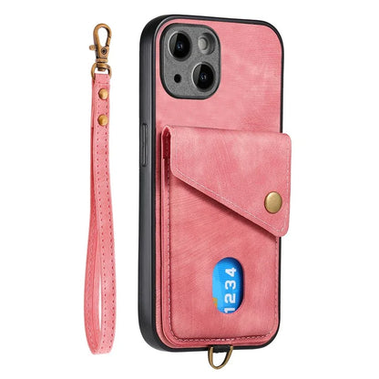 D1 For iPhone 14 Case Anti-Drop Kickstand Retro PU+TPU Phone Cover with Card Holder