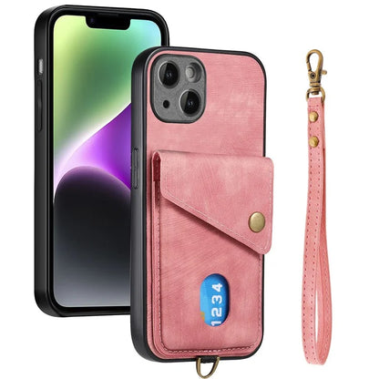 D1 For iPhone 14 Case Anti-Drop Kickstand Retro PU+TPU Phone Cover with Card Holder