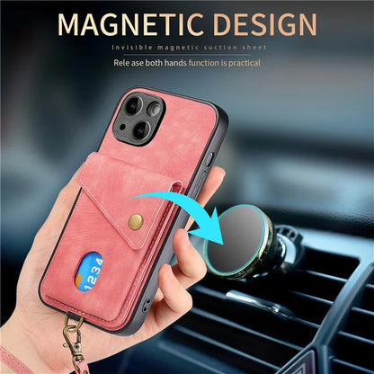 D1 For iPhone 14 Case Anti-Drop Kickstand Retro PU+TPU Phone Cover with Card Holder
