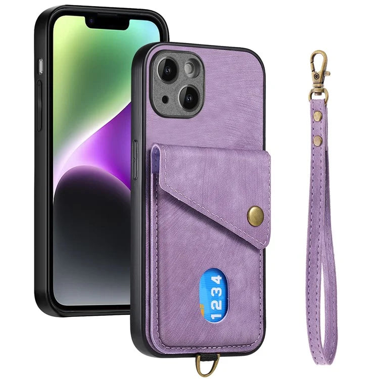 D1 For iPhone 14 Case Anti-Drop Kickstand Retro PU+TPU Phone Cover with Card Holder