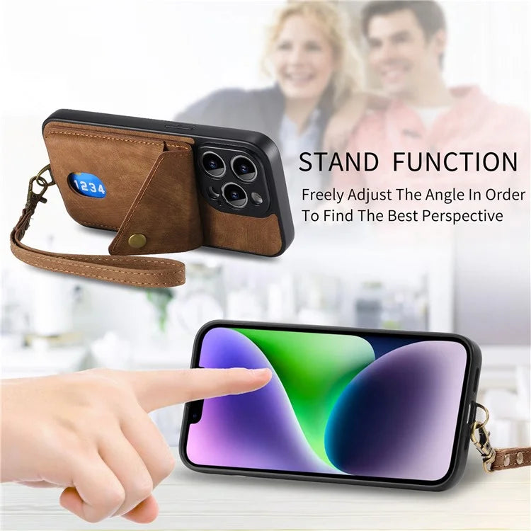 D1 For iPhone 14 Pro Max Protective Case Card Slot Retro PU+TPU Phone Cover