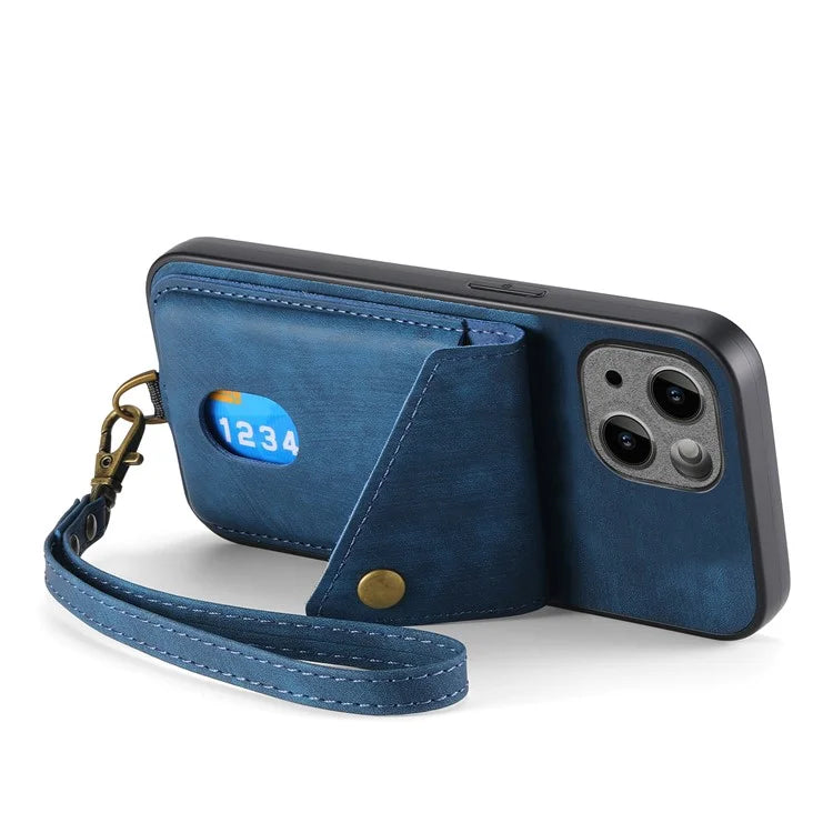 D1 For iPhone 13 Case Card Holder Retro PU+TPU Phone Case with Kickstand