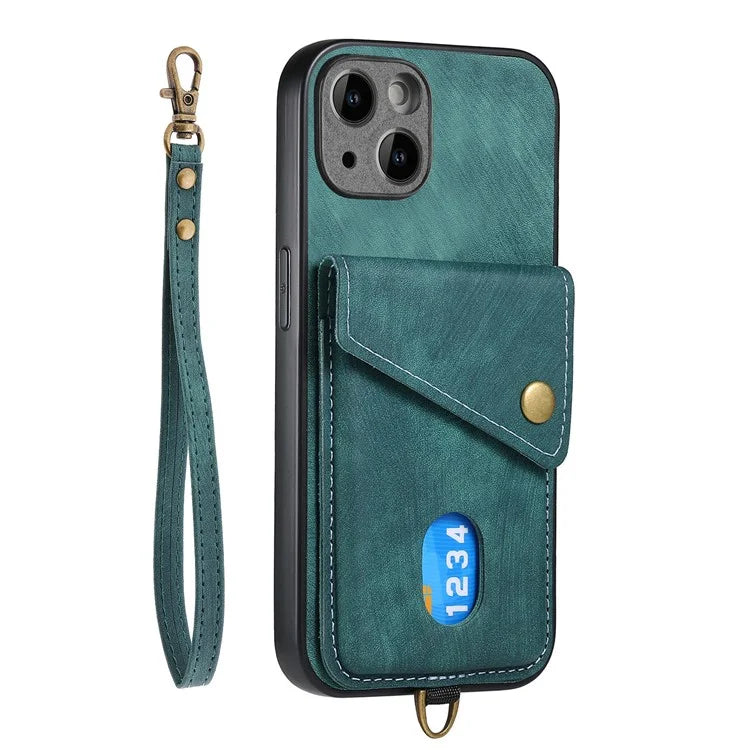 D1 For iPhone 13 Case Card Holder Retro PU+TPU Phone Case with Kickstand
