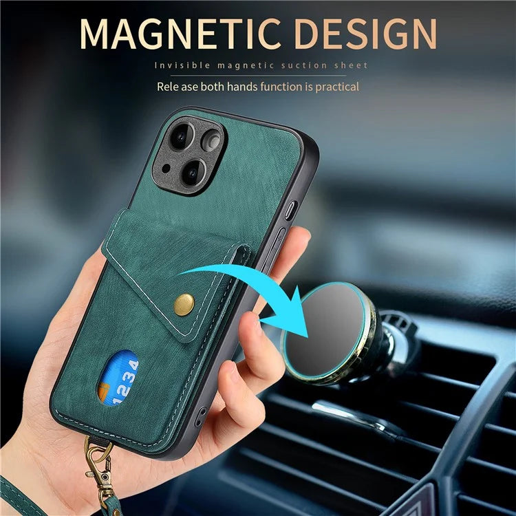 D1 For iPhone 13 Case Card Holder Retro PU+TPU Phone Case with Kickstand