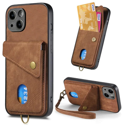 D1 For iPhone 13 Case Card Holder Retro PU+TPU Phone Case with Kickstand