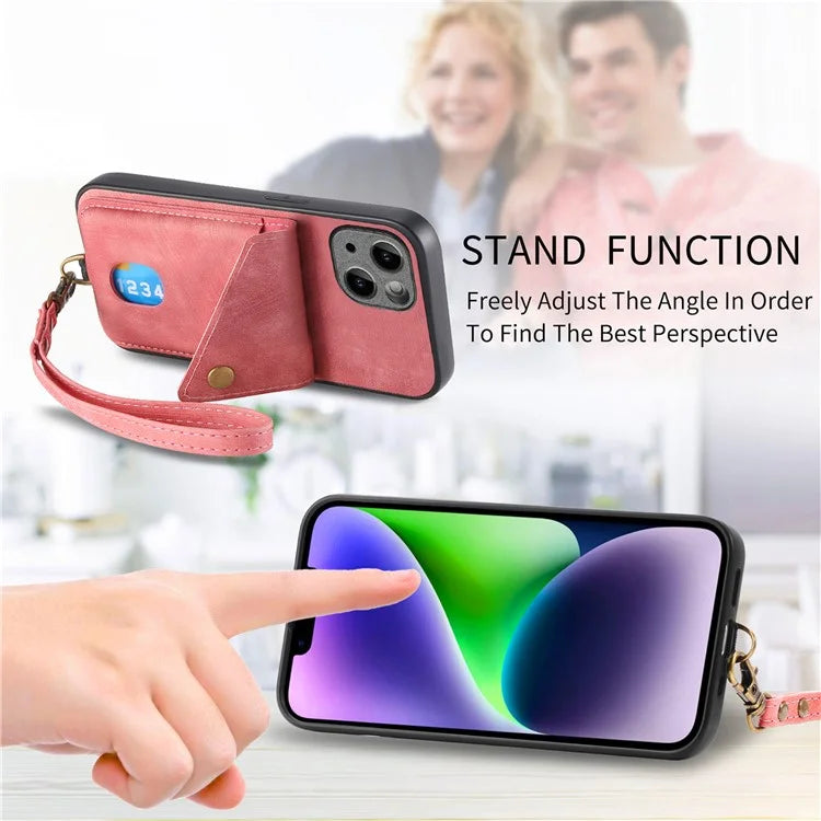 D1 For iPhone 13 Case Card Holder Retro PU+TPU Phone Case with Kickstand