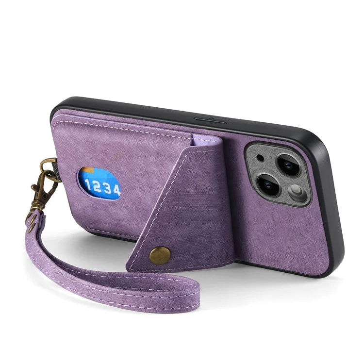D1 For iPhone 13 Case Card Holder Retro PU+TPU Phone Case with Kickstand