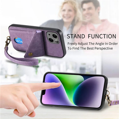 D1 For iPhone 13 Case Card Holder Retro PU+TPU Phone Case with Kickstand