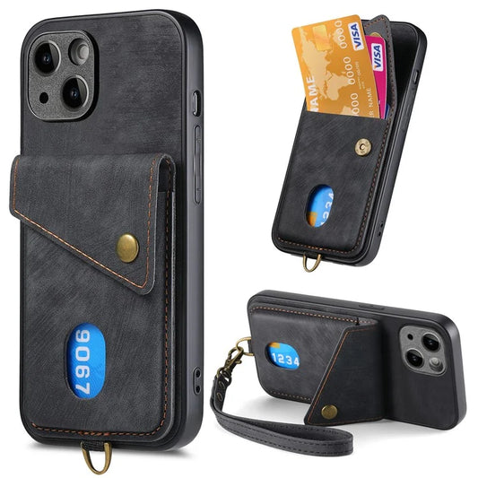 D1 For iPhone 14 Plus Card Slot Case Anti-Scratch Retro PU+TPU Phone Shell