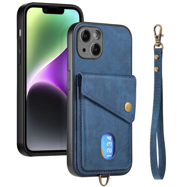D1 For iPhone 14 Plus Card Slot Case Anti-Scratch Retro PU+TPU Phone Shell