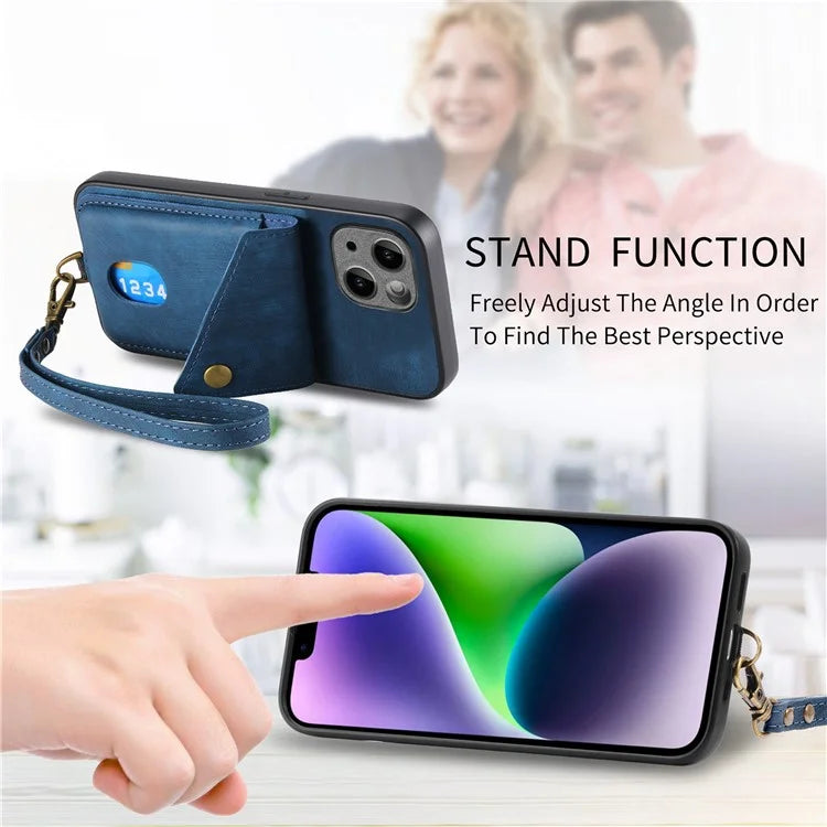 D1 For iPhone 14 Plus Card Slot Case Anti-Scratch Retro PU+TPU Phone Shell