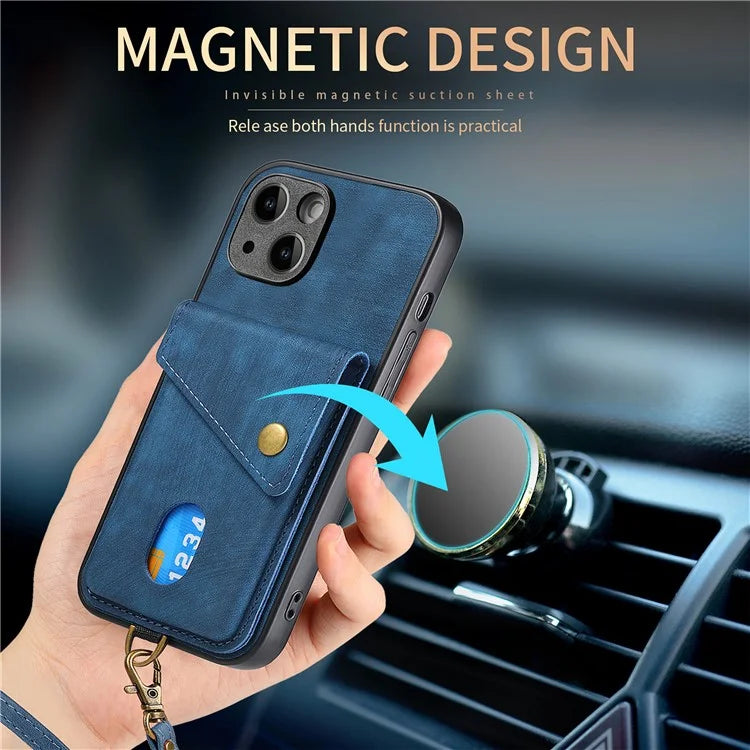 D1 For iPhone 14 Plus Card Slot Case Anti-Scratch Retro PU+TPU Phone Shell