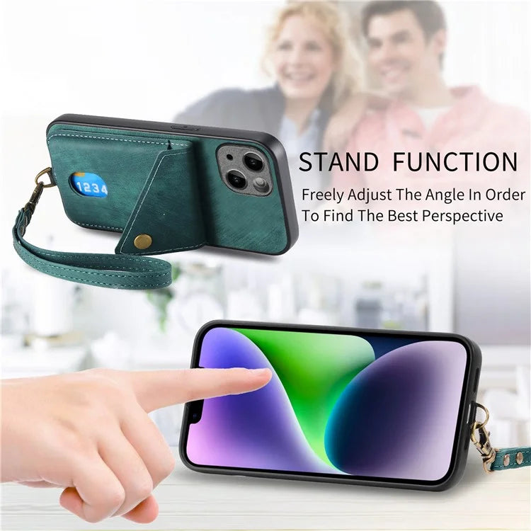 D1 For iPhone 14 Plus Card Slot Case Anti-Scratch Retro PU+TPU Phone Shell
