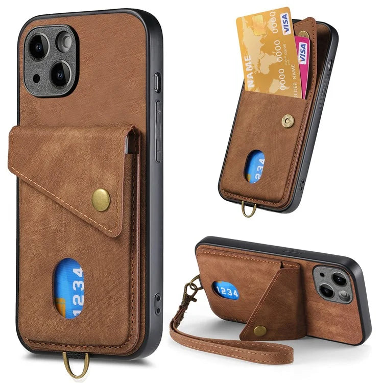 D1 For iPhone 14 Plus Card Slot Case Anti-Scratch Retro PU+TPU Phone Shell