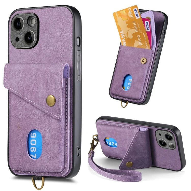 D1 For iPhone 14 Plus Card Slot Case Anti-Scratch Retro PU+TPU Phone Shell