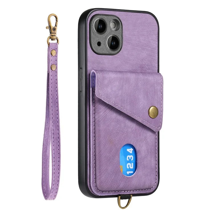 D1 For iPhone 14 Plus Card Slot Case Anti-Scratch Retro PU+TPU Phone Shell