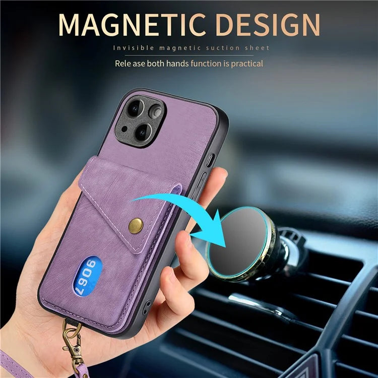 D1 For iPhone 14 Plus Card Slot Case Anti-Scratch Retro PU+TPU Phone Shell