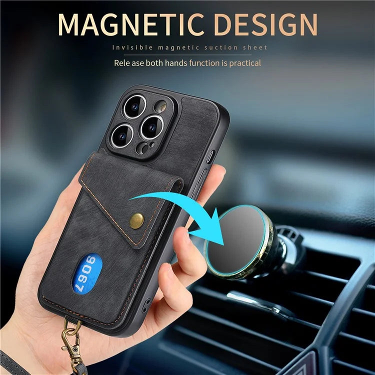 D1 For iPhone 13 Pro Case Card Holder Retro PU+TPU Phone Cover with Kickstand