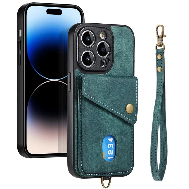 D1 For iPhone 13 Pro Case Card Holder Retro PU+TPU Phone Cover with Kickstand