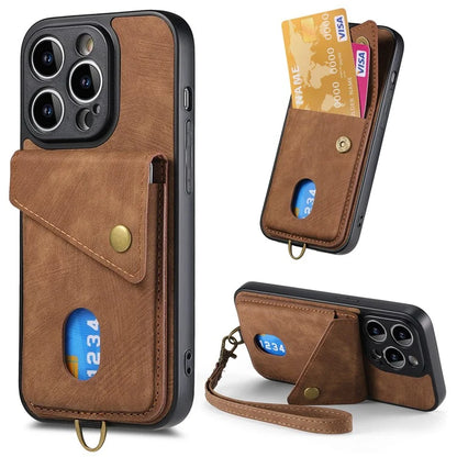 D1 For iPhone 13 Pro Case Card Holder Retro PU+TPU Phone Cover with Kickstand