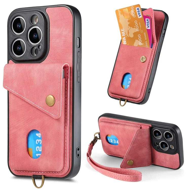 D1 For iPhone 13 Pro Case Card Holder Retro PU+TPU Phone Cover with Kickstand