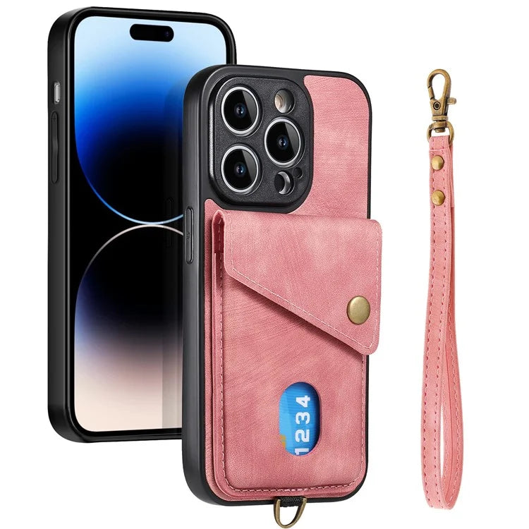 D1 For iPhone 13 Pro Case Card Holder Retro PU+TPU Phone Cover with Kickstand