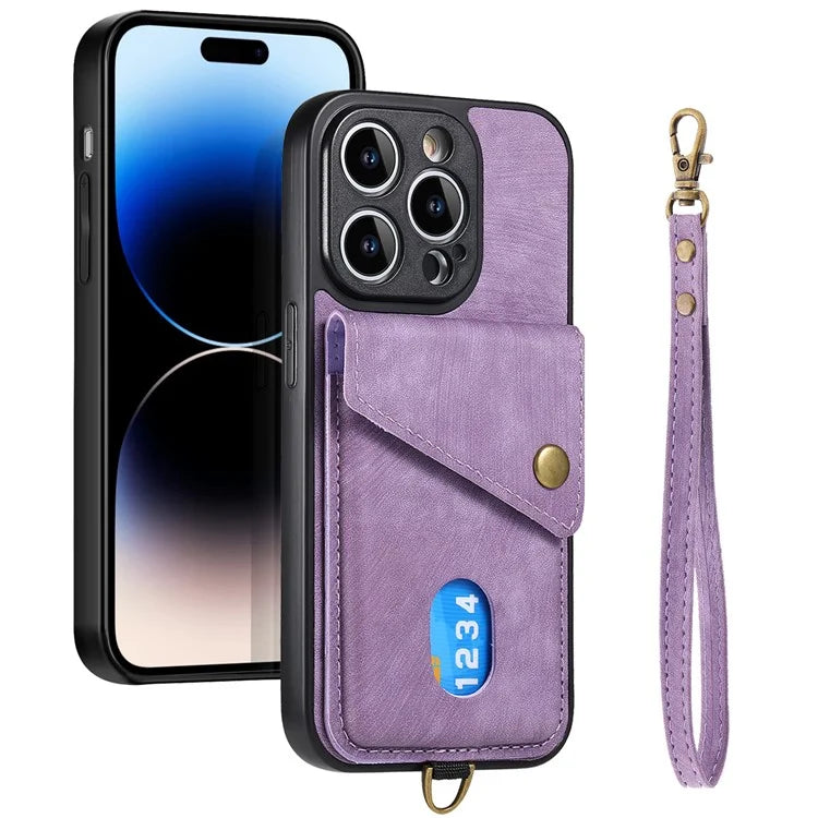 D1 For iPhone 13 Pro Case Card Holder Retro PU+TPU Phone Cover with Kickstand