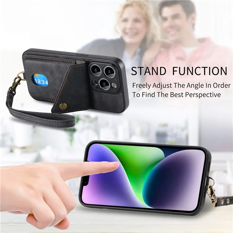 D1 For iPhone 13 Pro Max Case Card Holder Kickstand Retro PU+TPU Phone Cover
