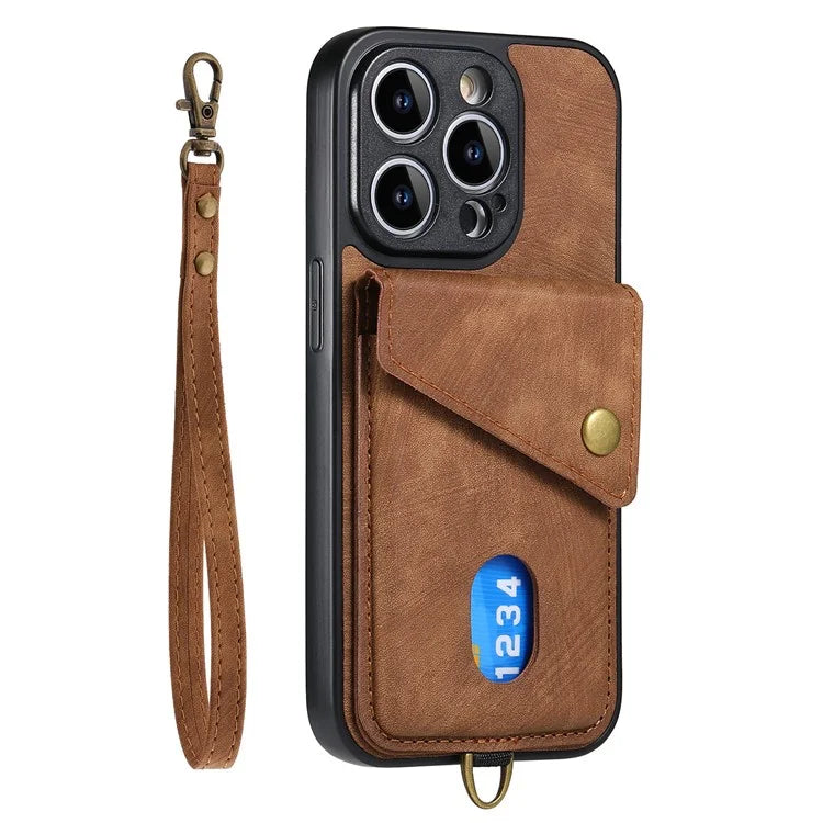 D1 For iPhone 13 Pro Max Case Card Holder Kickstand Retro PU+TPU Phone Cover