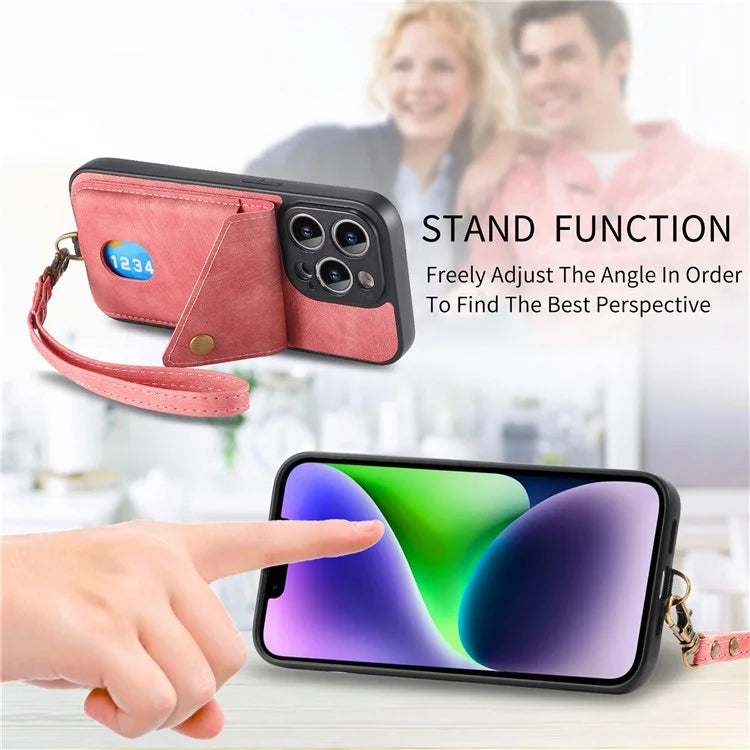 D1 For iPhone 13 Pro Max Case Card Holder Kickstand Retro PU+TPU Phone Cover