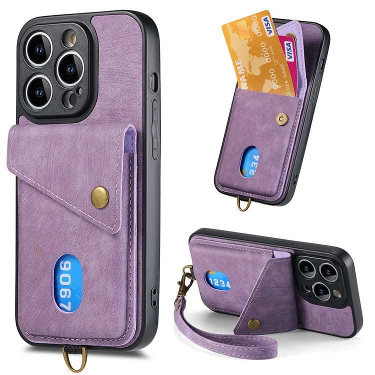 D1 For iPhone 13 Pro Max Case Card Holder Kickstand Retro PU+TPU Phone Cover