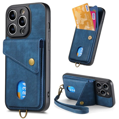 D1 For iPhone 14 Pro Card Holder Case Retro PU+TPU Phone Cover with Kickstand