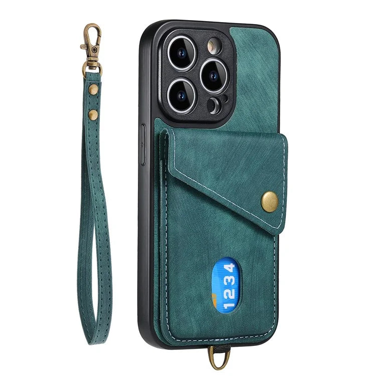 D1 For iPhone 14 Pro Card Holder Case Retro PU+TPU Phone Cover with Kickstand