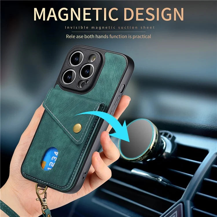 D1 For iPhone 14 Pro Card Holder Case Retro PU+TPU Phone Cover with Kickstand